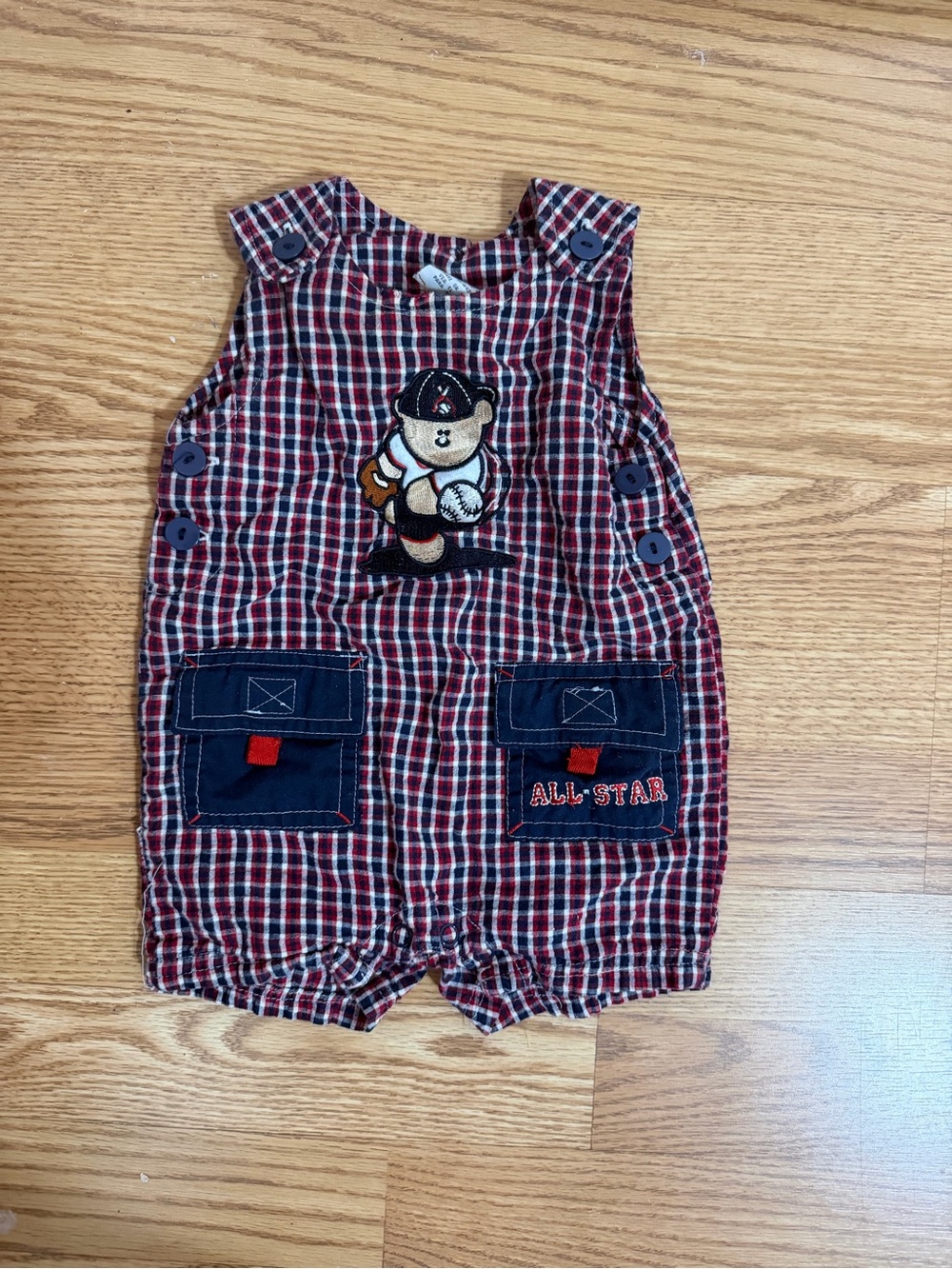 Plaid Baby Romper with Embroidered Baseball Bear